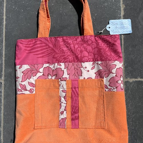 Petit cabas de plage, ou sac shopping, sac pour lunch box, velours côtelé orange et tissu rose indien en patchwork