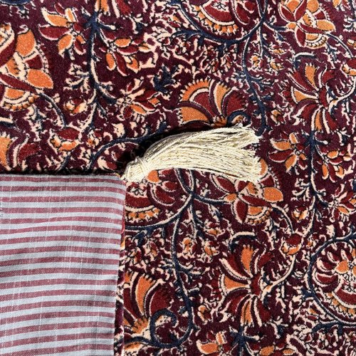 Bout de lit, édredon, plaid ou jeté de canapé, velours lisse motifs style kalamkali... revers à rayures. zip, déhoussable + 1 coussin