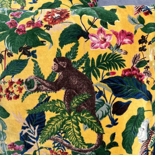 Housse de coussin, velours de coton lisse motifs jungle avec singe, fond jaune