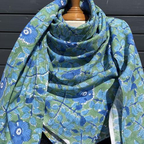 Foulard carré, grand bandana en coton indien léger, imprimé main, block print
