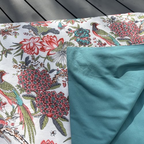 Bout de lit, courtepointe, plaid, matelas pour chaise longue, lin lavé et coton block print, 185 cm x 100, modèle unique