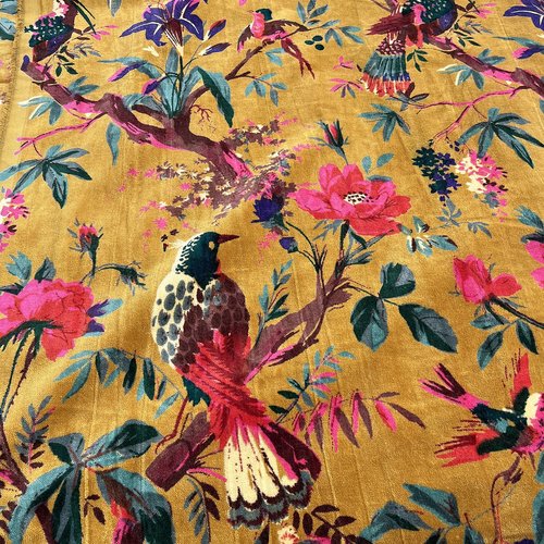 Velours de coton lisse, fond jaune moutarde, motifs style jungle, oiseau de paradis, velours très souple