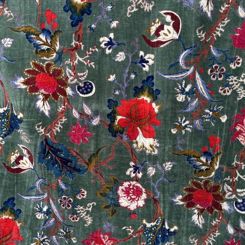 Velours de coton lisse fond vert, motifs fleurs feuilles, style jungle, velours très souple, idéal déco ou habillement