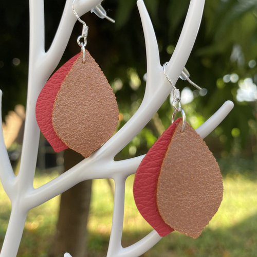 Boucles d'oreilles en cuir feuilles roses et cuivre