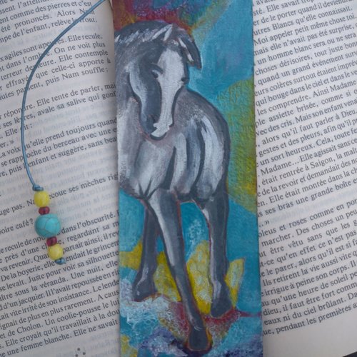 Marque-page cuir, peint " cheval gris "