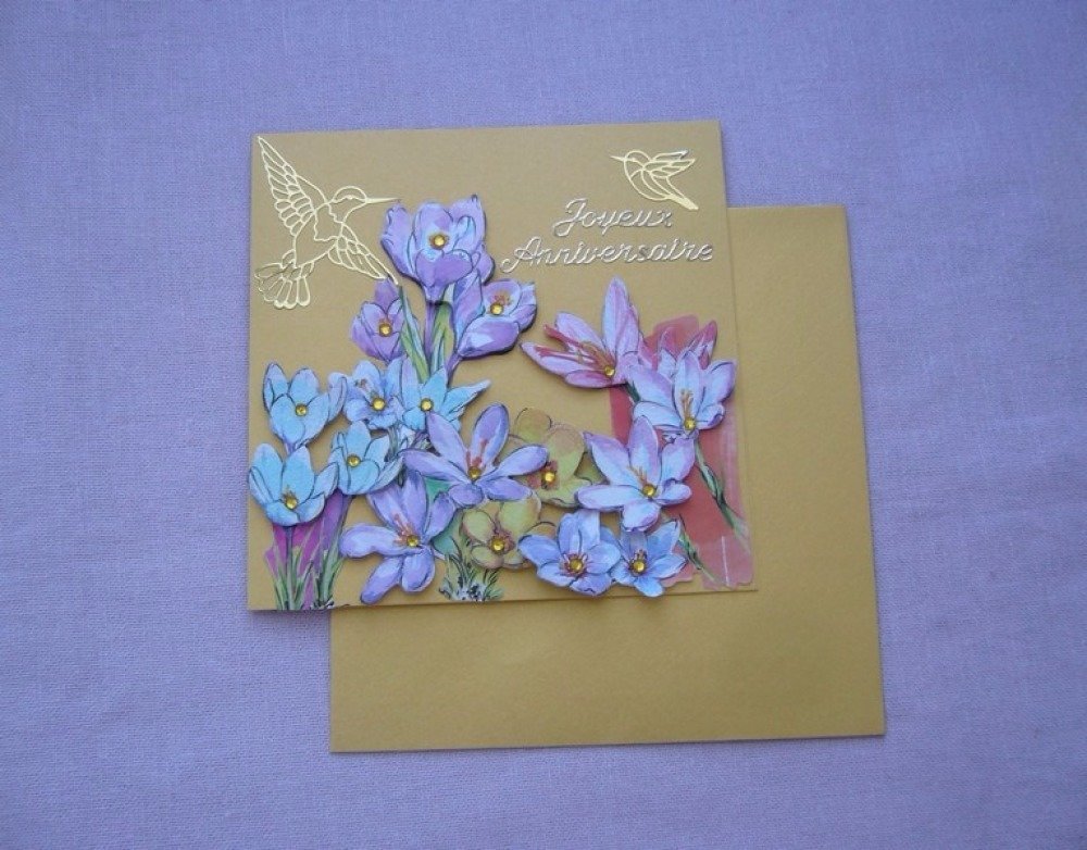 Carte Anniversaire Double Joyeux Anniversaire 3d Faite Main Fond Moutarde Crocus Et Oiseaux Enveloppe Assortie Un Grand Marche