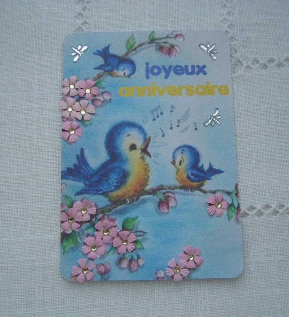 Carte Joyeux Anniversaire Pour Enfant Ou Bebe Faite Main Oiseaux Bleus Enveloppe Blanche Un Grand Marche