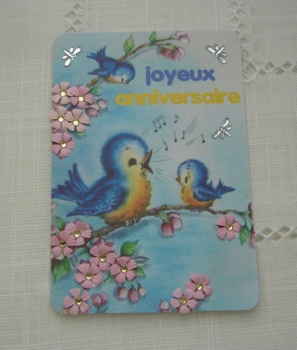 Carte Joyeux Anniversaire Pour Enfant Ou Bebe Faite Main Oiseaux Bleus Enveloppe Blanche Un Grand Marche