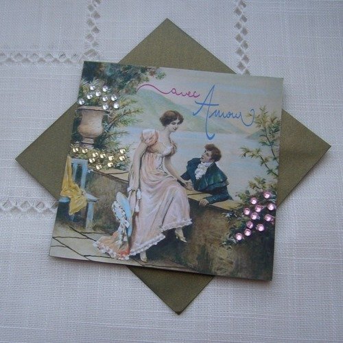 Carte Anniversaire Mariage Fiancailles Saint Valentin Fete Double Faite Main Fond Vert Dore Strass Envelopper Assortie Un Grand Marche
