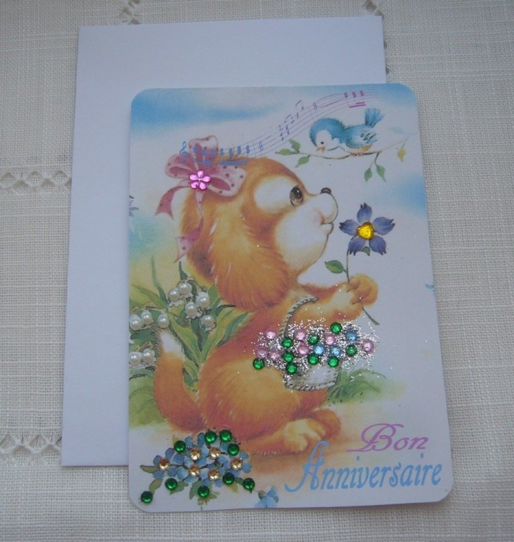 Carte Bon Anniversaire Pour Enfant Ou Bebe Fait Main Petit Chien Petit Oiseau Et Fleurs Strass Enveloppe Blanche Un Grand Marche