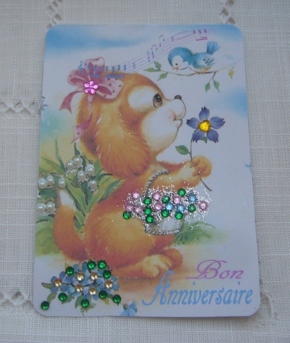 Carte Bon Anniversaire Pour Enfant Ou Bebe Fait Main Petit Chien Petit Oiseau Et Fleurs Strass Enveloppe Blanche Un Grand Marche