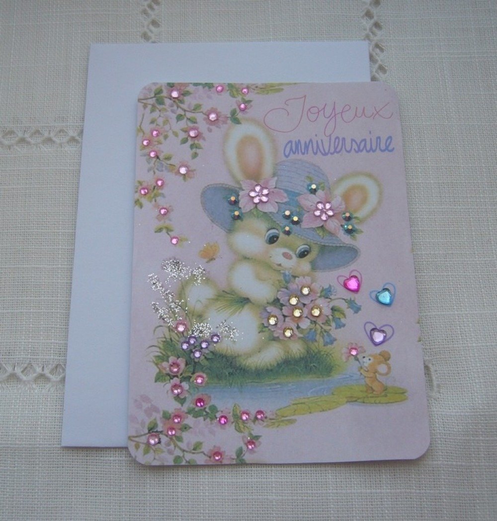 Carte Joyeux Anniversaire Pour Enfant Ou Bebe Fait Main Un Petit Lapin Une Petite Souris Et Des Fleurs Strass Enveloppe Blanche Un Grand Marche