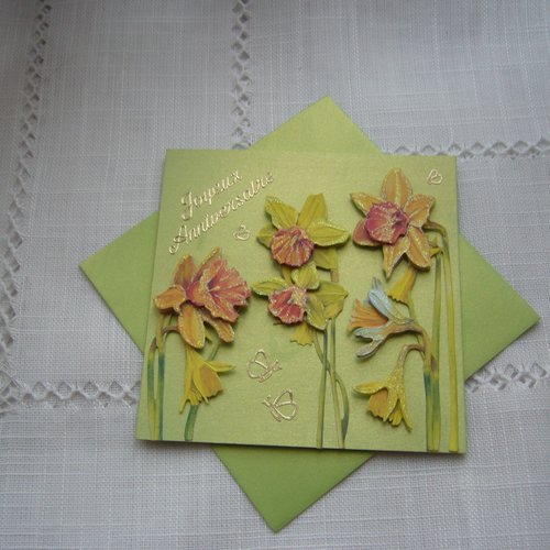 Carte Anniversaire 3d Double Faite Main Fond Vert Irise Jonquilles 3d Pailletes Stickers Dores Enveloppe Un Grand Marche