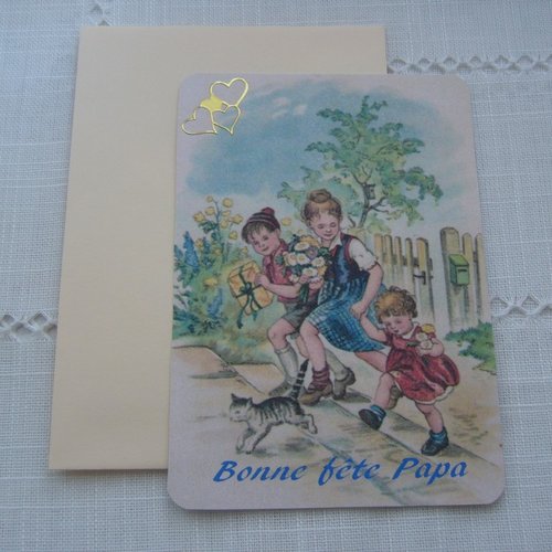 Carte Fete Des Peres Faite Main 3 Enfants Avec Fleurs Et Cadeau Stickers Dores Enveloppe Beige Un Grand Marche