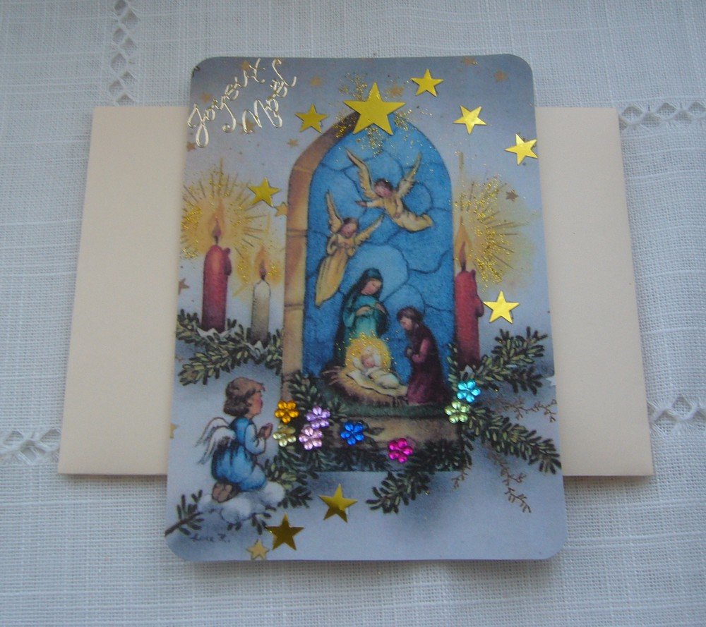 Carte Joyeux Noel Faite Main La Nativite Strass Paillettes Stickers Enveloppe Blanc Casse Un Grand Marche