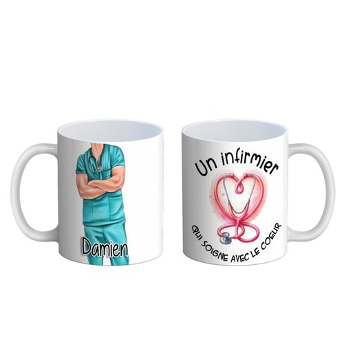 Mug infirmier, mug personnalisé infirmier qui soigne avec le cœur, recto verso
