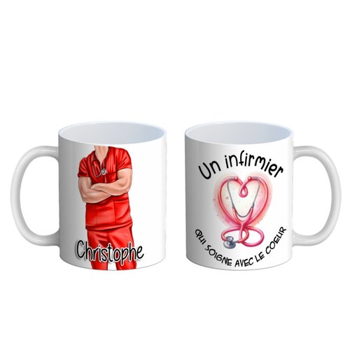 Mug infirmier, mug personnalisé infirmier qui soigne avec le cœur, recto verso