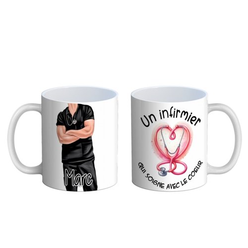 Mug infirmier, mug personnalisé infirmier qui soigne avec le cœur, recto verso