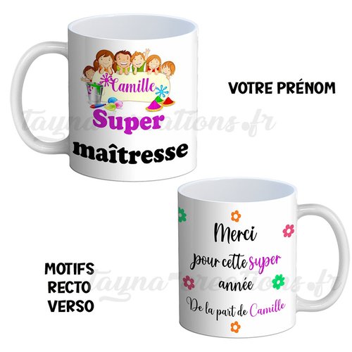 Mug maîtresse personnalisable, mug maîtresse prénom, idée cadeau fin d'année scolaire