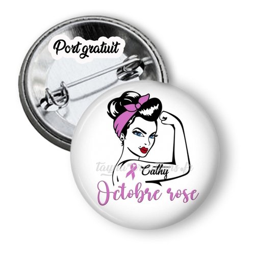 Badge octobre rose personnalisé avec prénom, 50 mm