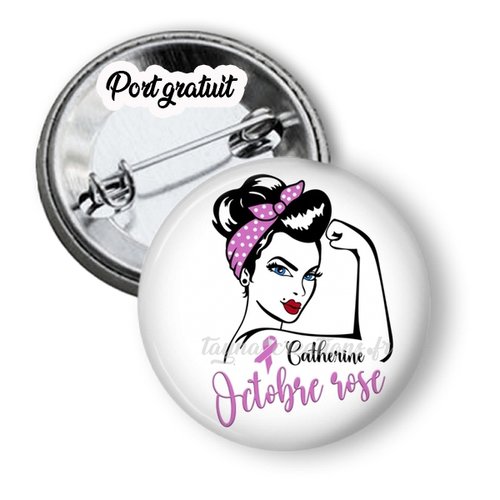 Badge octobre rose personnalisé avec prénom, 50 mm