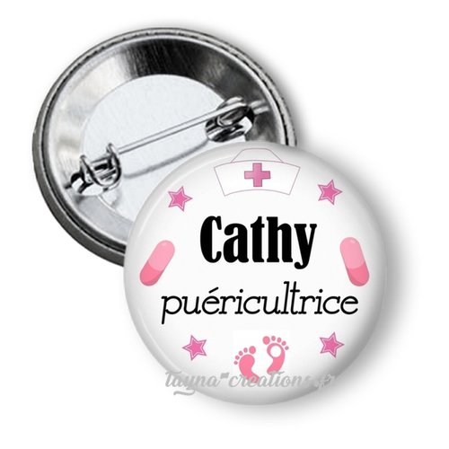 Badge puéricultrice personnalisé avec prénom, 50 mm