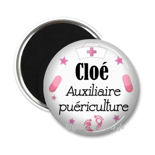 Badge auxiliaire puériculture personnalisé avec prénom, 50 mm