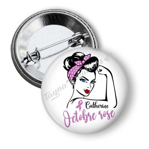 Badge octobre rose personnalisé avec prénom, 50 mm