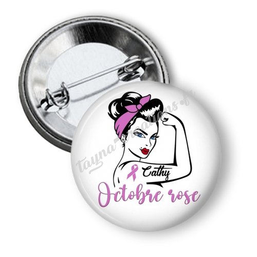 Badge octobre rose personnalisé avec prénom, 50 mm