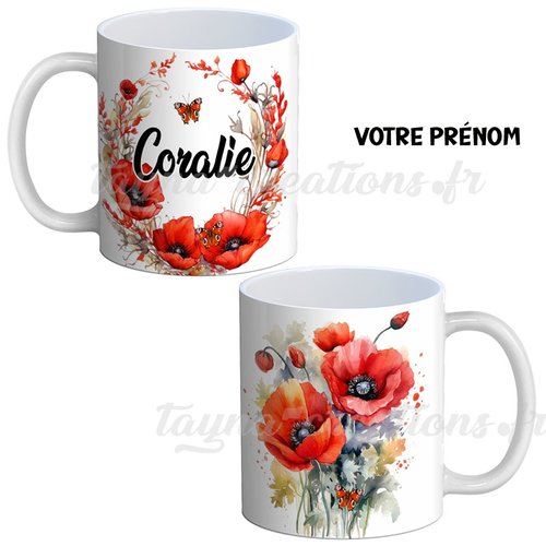 Mug coquelicot personnalisable, mug avec prénom