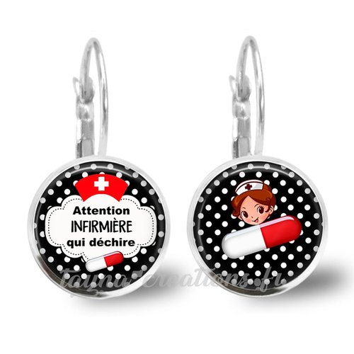 Boucle d’oreilles infirmière, dormeuse originale attention infirmière qui déchire
