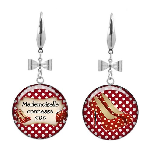 Boucles d’oreilles mademoiselle connasse, cabochon verre 20 mm, cadeau original