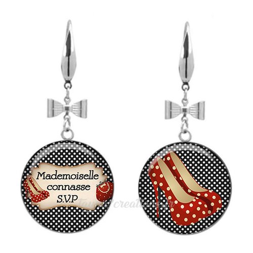 Boucles d’oreilles mademoiselle connasse, cabochon verre 20 mm, cadeau original