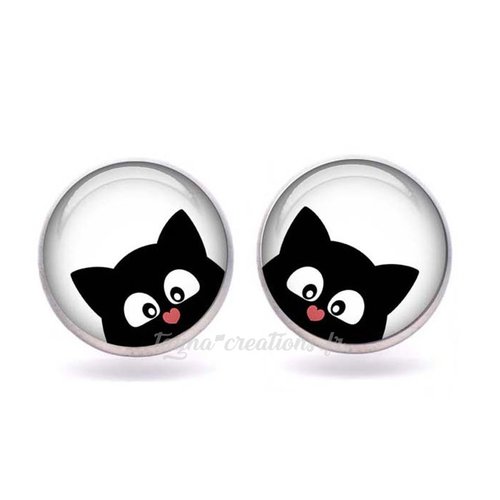 Puce d’oreille chat, boucle d'oreille chat, cabochon verre 12 mm