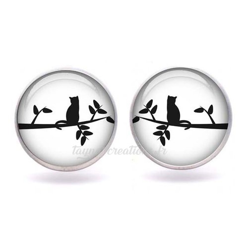 Puce d’oreille chat, boucle d'oreille chat sur branche, cabochon verre 12 mm
