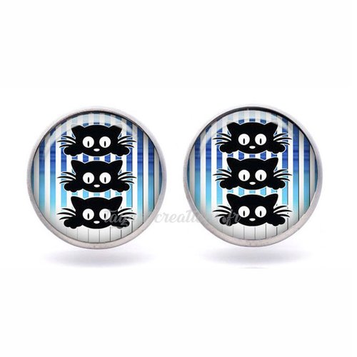 Puce d’oreille les 3 chats, boucle d'oreille chat noir, cabochon verre 12 mm