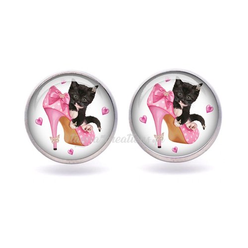 Puce d’oreille le chat chaussure, boucle d'oreille chat, cabochon verre 12 mm