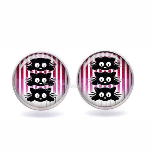 Puce d’oreille les 3 chats, boucle d'oreille chat noir, cabochon verre 12 mm