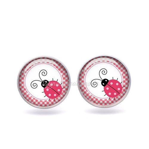 Puce d'oreille coccinelle, boucle d'oreille coccinelle, cabochon verre 12 mm