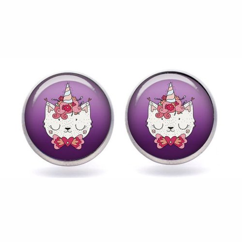Puce chat licorne, boucle d'oreille licorne cabochon verre 12 mm