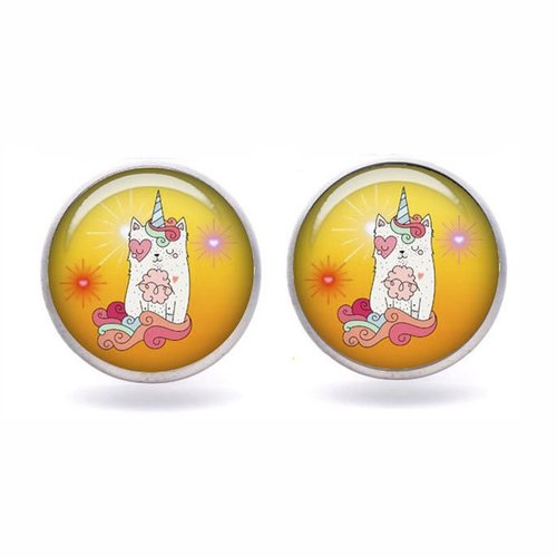 Puce chat licorne, boucle d'oreille licorne cabochon verre 12 mm