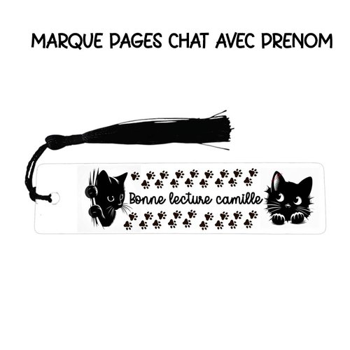 Marque-page chat bonne lecture, personnalisable avec prénom en métal