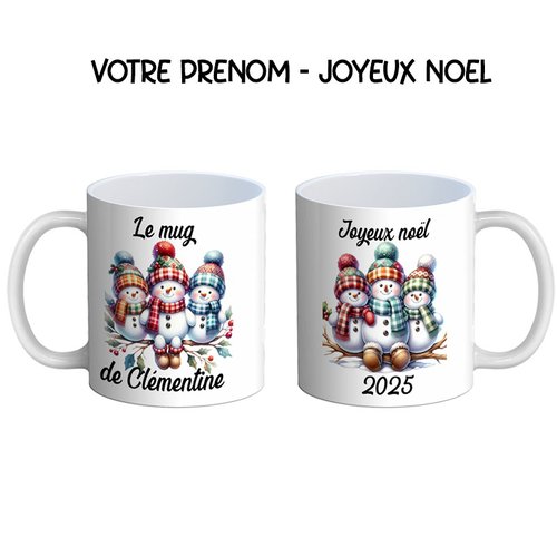Votre prénom, mug joyeux noël avec bonhomme de neige, mug personnalisable