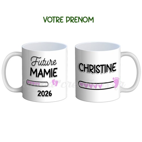 Mug future mamie 2026 – personnalisé avec votre prénom, annonce grossesse fille