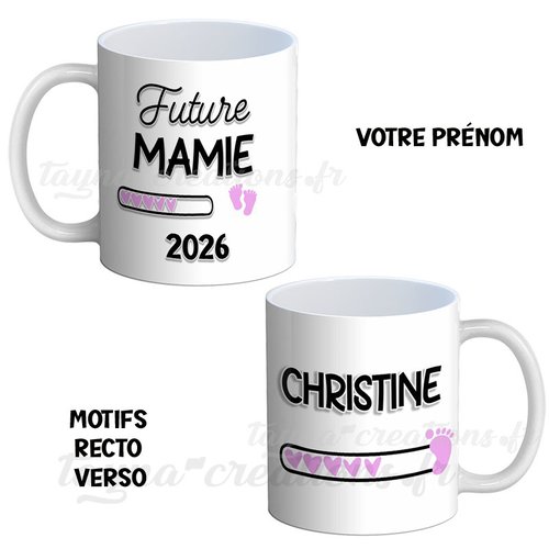Mug future mamie 2026 – personnalisé avec votre prénom, annonce grossesse fille