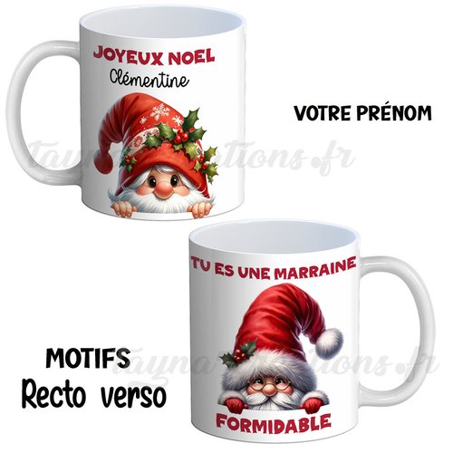 Mug marraine, joyeux noël votre prénom, tu es une marraine formidable, personnalisable