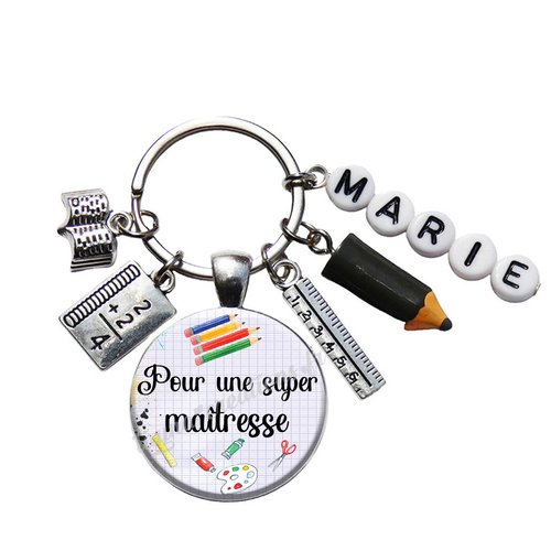 Porte-clés "super maîtresse" personnalisable avec prénom et matière verre ou résine