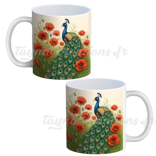 Mug paon coquelicot– cadeau mug paon