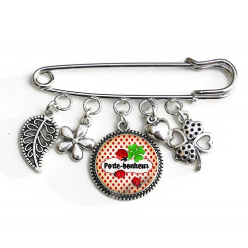 Broche porte bonheur, broche breloque et cabochon matière au choix verre ou résine