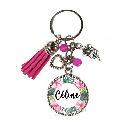 Porte-clés thème fleur exotique, prénom personnalisé
